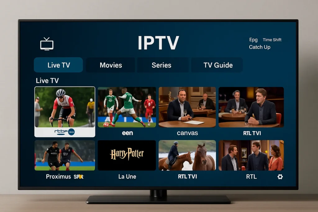 Téléviseur affichant des chaînes belges via IPTV, illustrant le test iptv belgique.