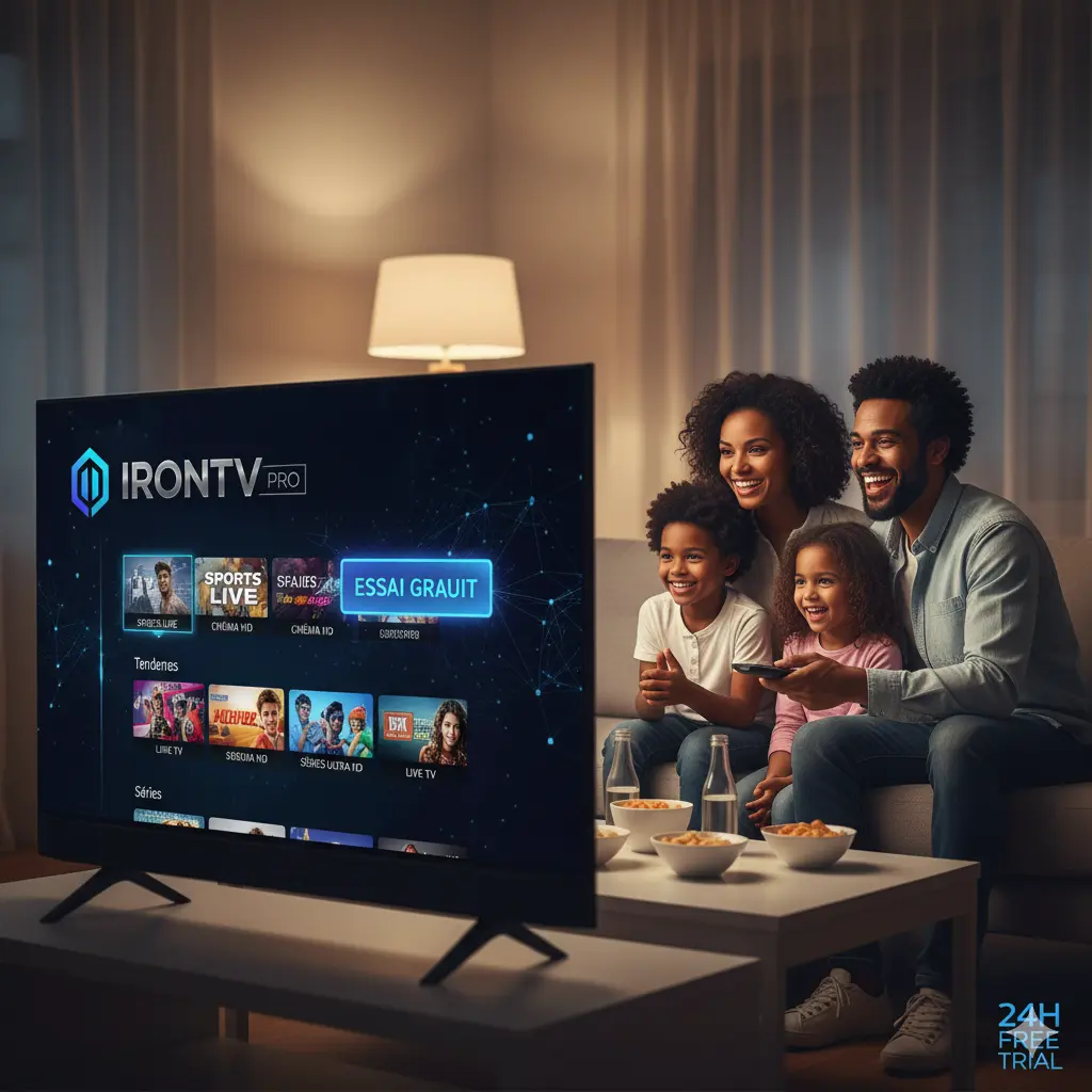 Famille heureuse devant sa Smart TV sur laquelle est affiché le service IRON TV PRO, avec un bouton mettant en avant l'iptv essai gratuit pour tester la qualité du streaming avant de s'abonner.
