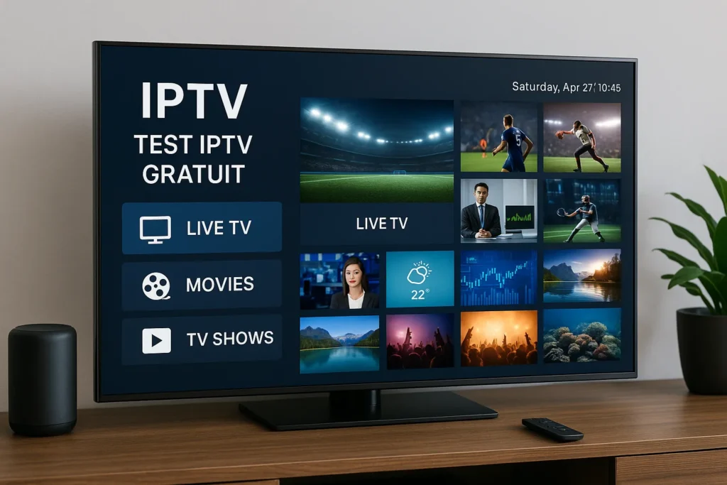 Téléviseur moderne affichant une interface IPTV immersive avec chaînes variées, illustrant le test iptv gratuit.