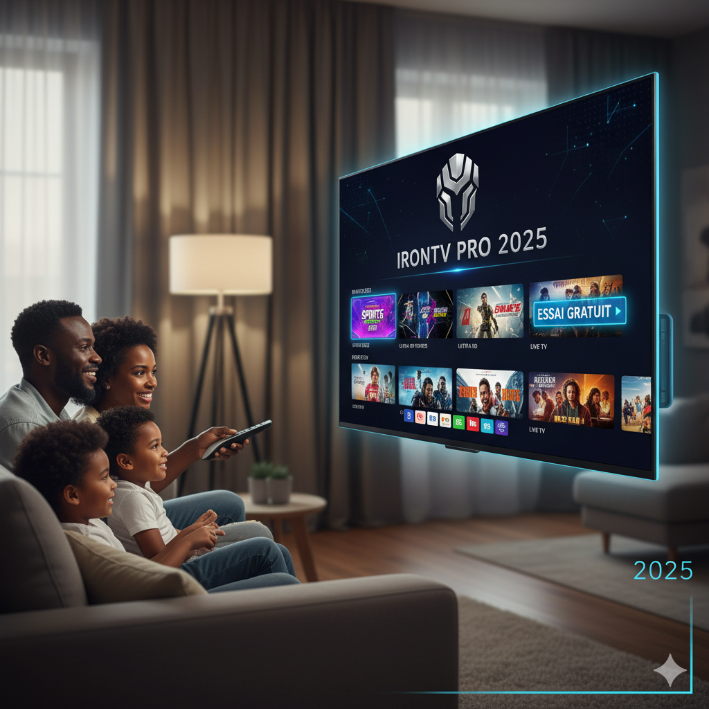 Famille souriante regardant la télévision avec une interface de streaming IRON TV PRO 2025 affichée, illustrant les avantages d'un abonnement Iron TV Pro 2025 de qualité et ses fonctionnalités modernes.