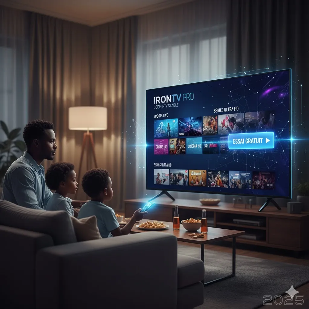 Père et ses enfants regardant la télévision avec l'interface IRON TV PRO affichant un menu de streaming fluide et stable, illustrant les avantages d'un code IPTV stable pour un divertissement sans interruption